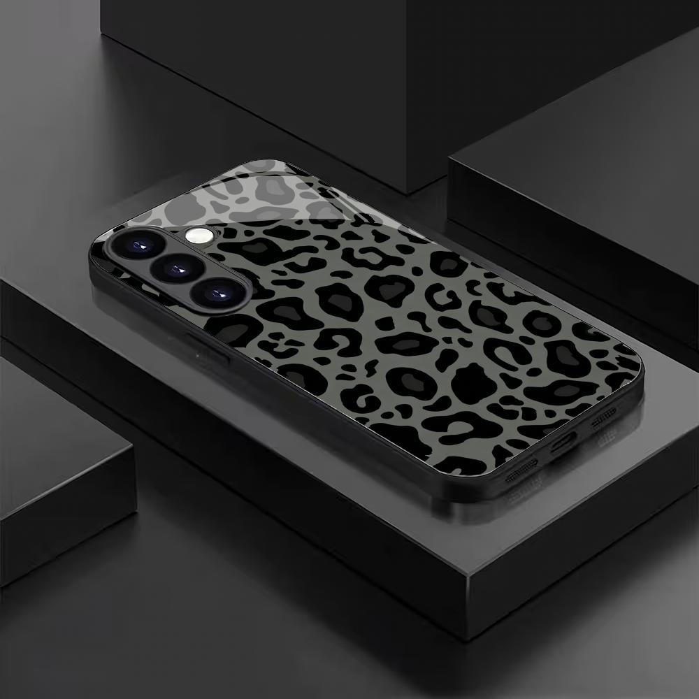 Leopard Black Tempered Glass Phone Case Suitable for Samsung GalaxyS26 S25 S24 S23 S22 S21 S20FE/Ultra/Plus Anti Drop Back Cover
