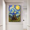 Poster Astratto Gatto Notte Stellata Van Gogh Stampa su Tela Pittura Animale Carino Arte da Parete Per Soggiorno Decorazione Casa Quadri