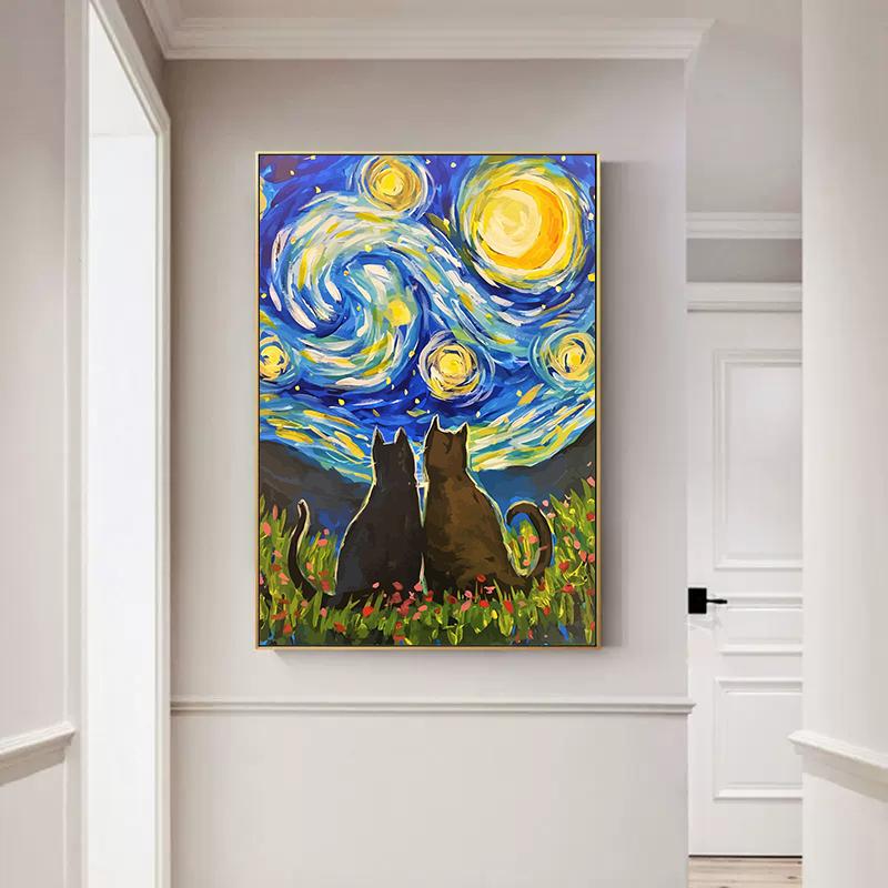 Poster Astratto Gatto Notte Stellata Van Gogh Stampa su Tela Pittura Animale Carino Arte da Parete Per Soggiorno Decorazione Casa Quadri