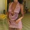 Glitter Shiny Mini Shorts Set Women Y2k Sparkly Sequin Outfits 2 Piece Sexy Sleeveless Low Cut Halter Crop Top Fitted Club Party
