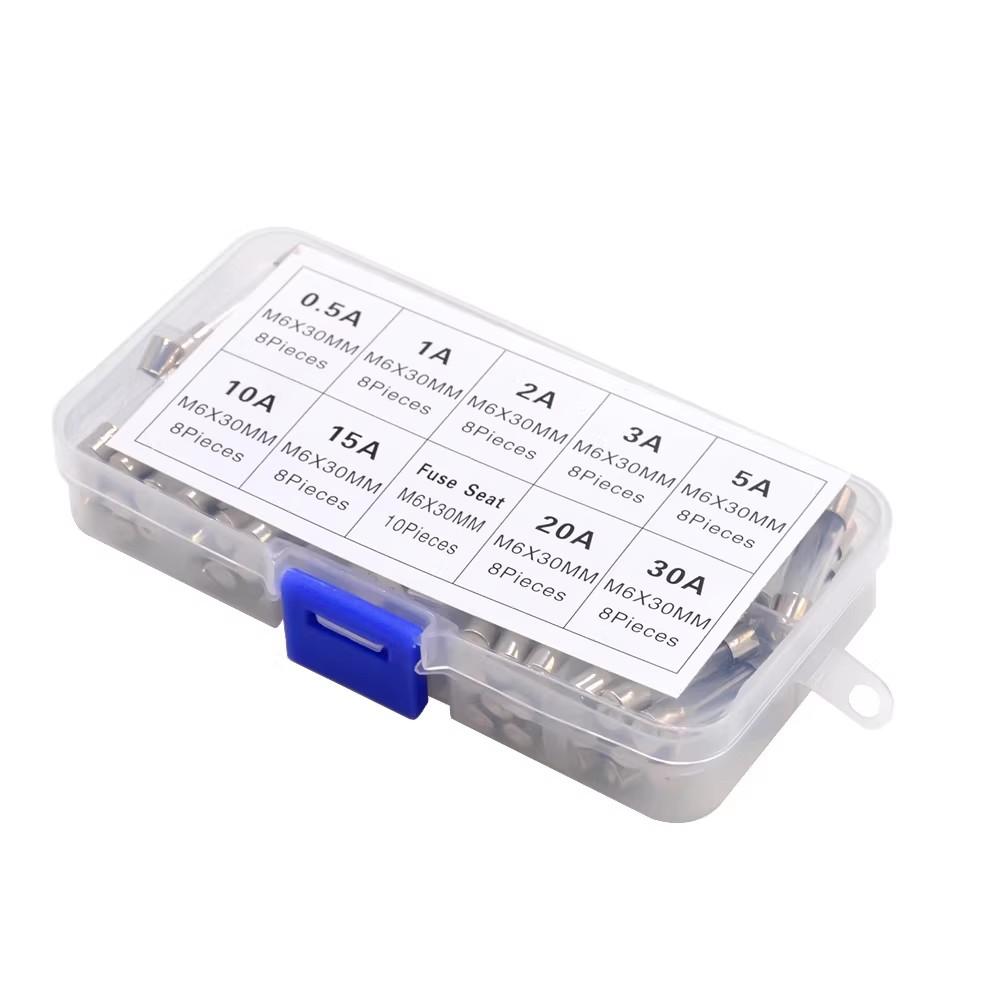 72PCS 6x30mm Glass Fuse Assorted 0.5A-30A 6*30mm Fuse Tubes with Bracket Sample Box for Electrical Safety And Protection Fuses4