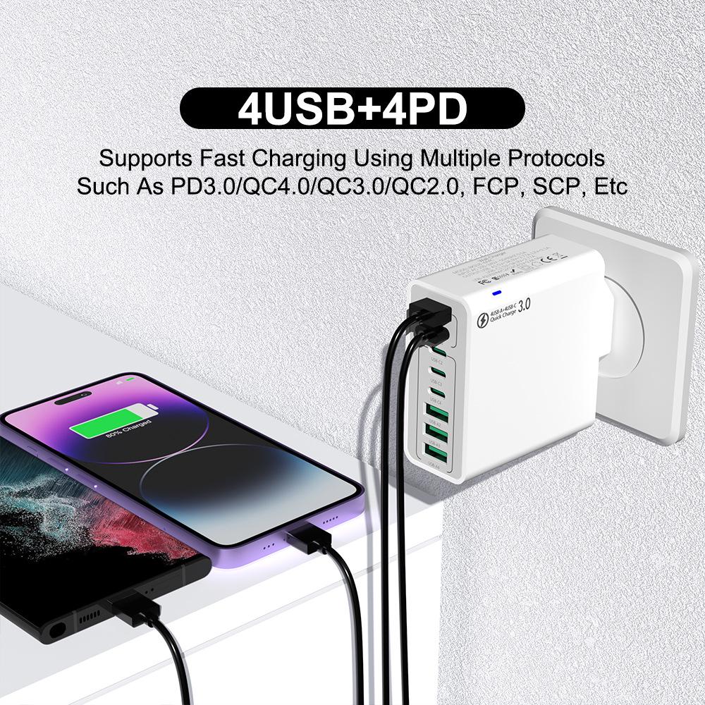 Fast 8-Port Charger: 4 USB, 4 PD, 55W, QC3.0 – Compatible with European, American, Korean Standards