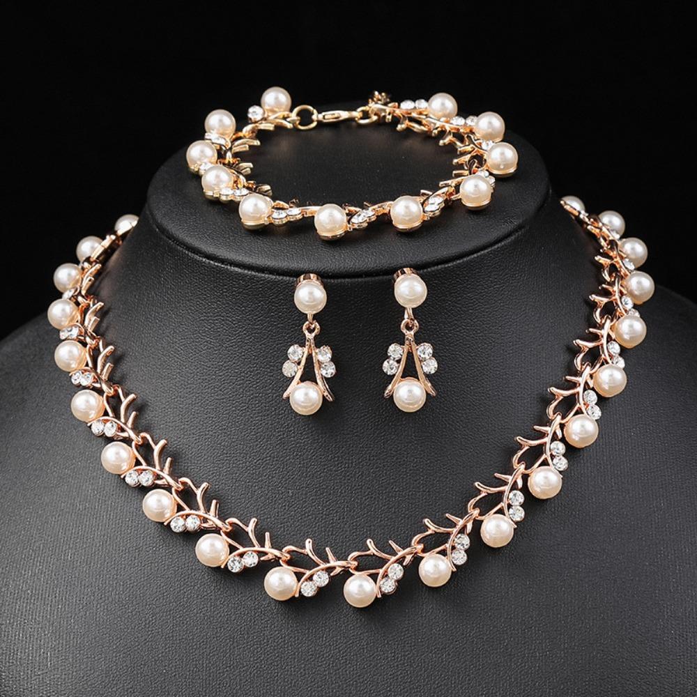 Korean Version of Pearl Necklace Earrings Set Bridal Dress Versatile Accessories Small Fresh Alloy Electroplating Three-piece Set