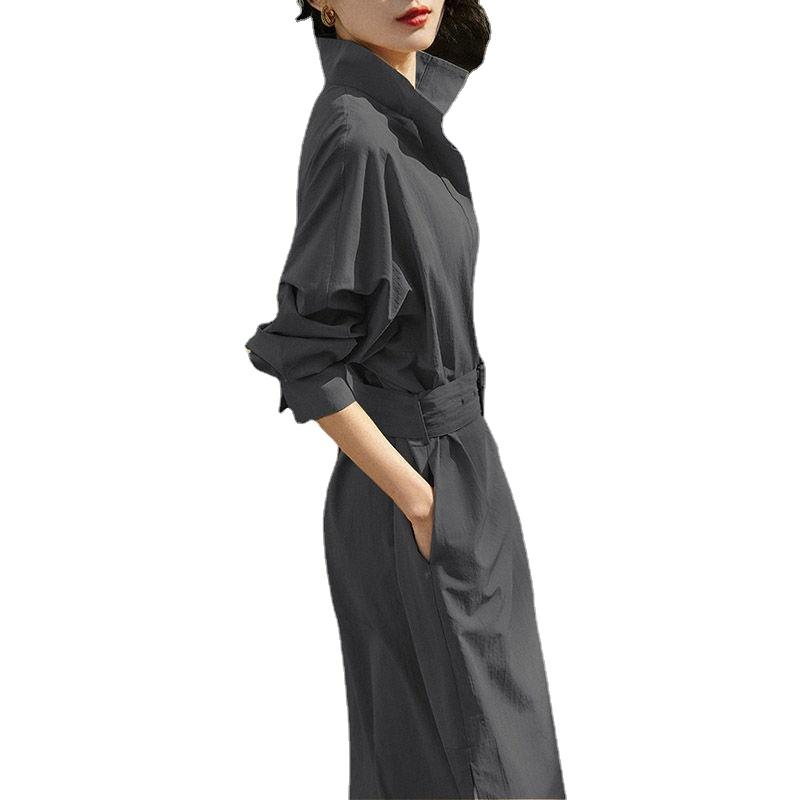 Fashionable and Elegant Solid-color Dress with Lapel Collar and Waistband for Women
