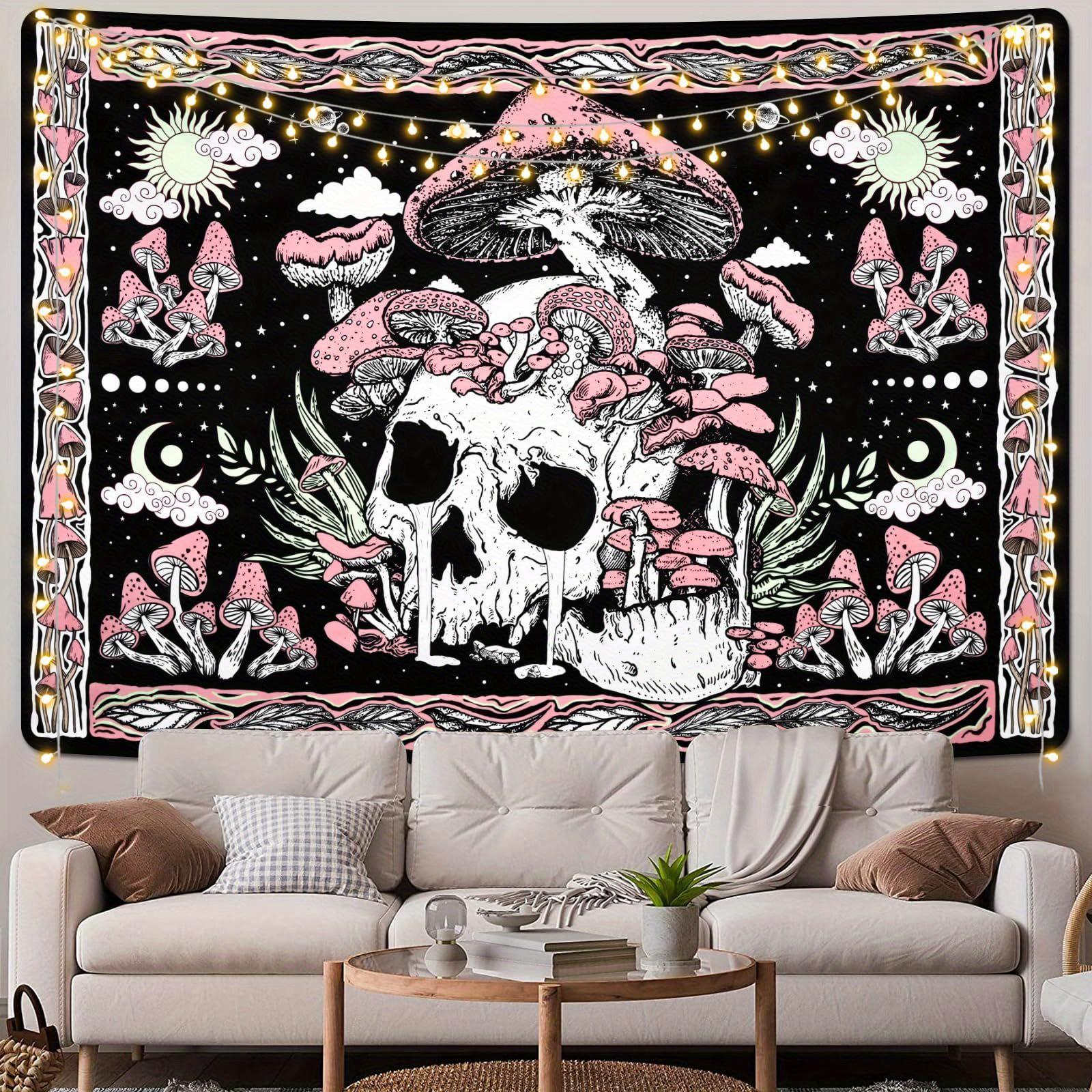 Type I Pink Tapestry Mushroom And Skull Print Design Tapestry Hippie Style Room Decor Tapestry Home Decoration 100X70CM