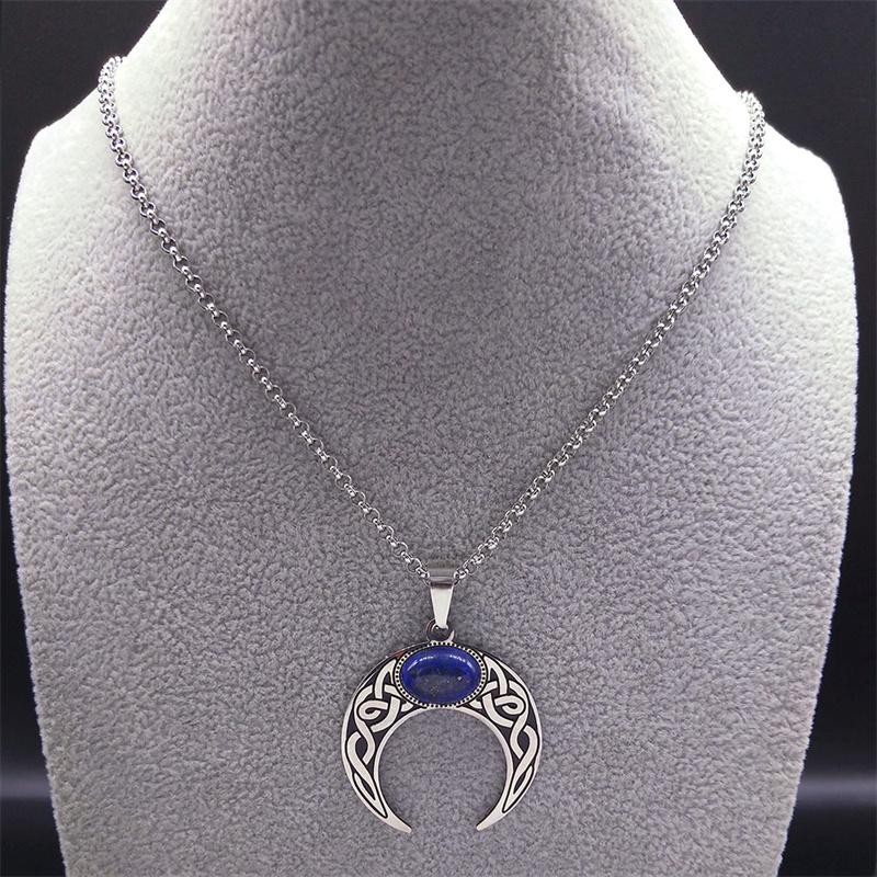 Vintage Crescent Moon Knot Pendant Necklaces for Women Stainless Steel Blue Stone Silver Color Punk Chain Jewelry Collier N7941