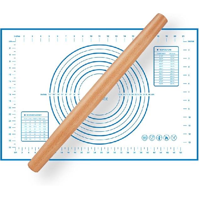 Wood French Rolling Pin for Baking, QUELLANCE Wooden Dough Roller with Silicone Baking Mat, Beech Wood Rolling Pins for Baking Dough, Pizza, Pie,