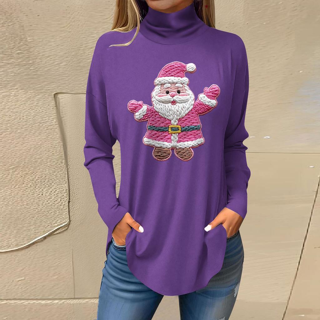Women's Fashionable Loose-Fit High-Neck T-Shirt With Christmas Print Long-Sleeved Top
