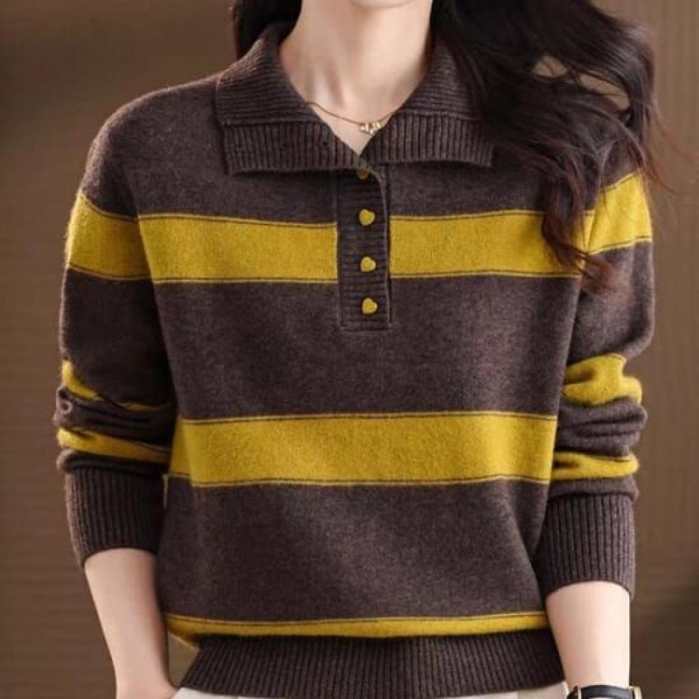 Navava Casual Color Block Striped Collar Long Sleeve Knit Top Nk3546