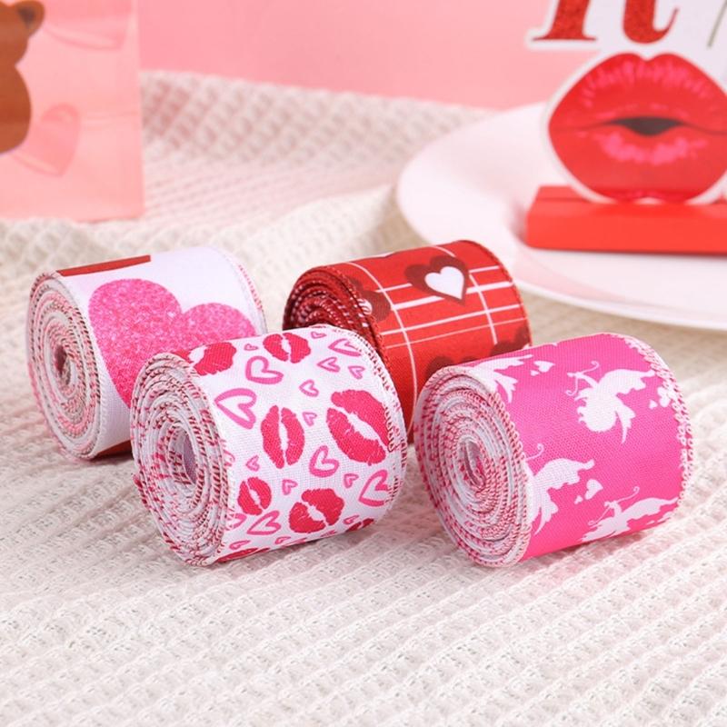 4 Rolls 5cm Valentines Day Wire Ribbon Gift Wrapping Ribbons for Wedding Wreath Hair Bows DIY Crafts with Heart Pattern