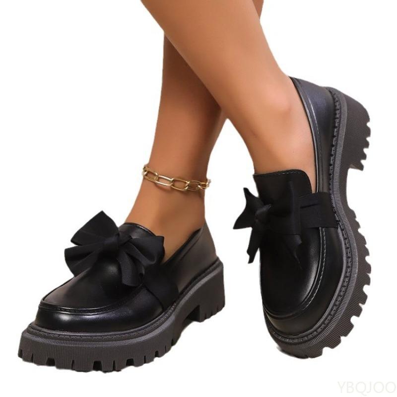 Black niche bow thick sole height increasing women's shoes retro simple comfortable anti slip wear-resistant single shoes