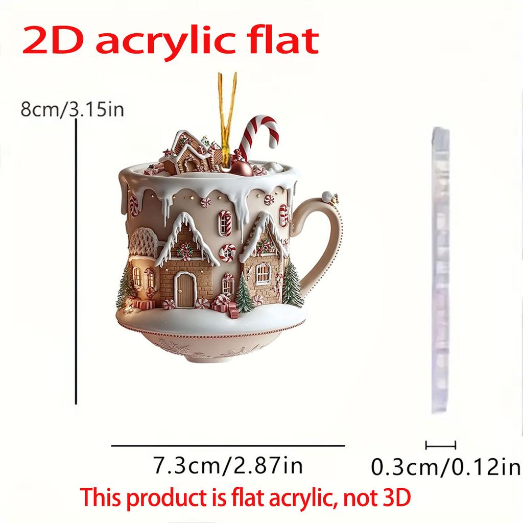 Christmas Decor Coffee Cup Ornaments 2D Acrylic flat Christmas Snow Houses Chocolate Mug Pendant  Christmas tree pendant