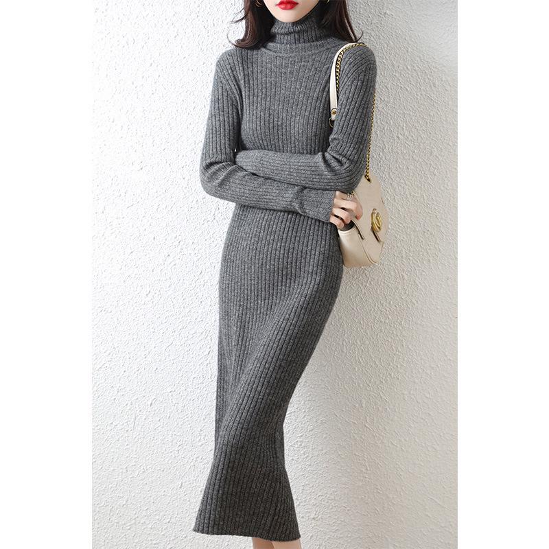 2022 Women’s High-Neck Ribbed Wool Knit Dress - Slimming Over-the-Knee Base Layer