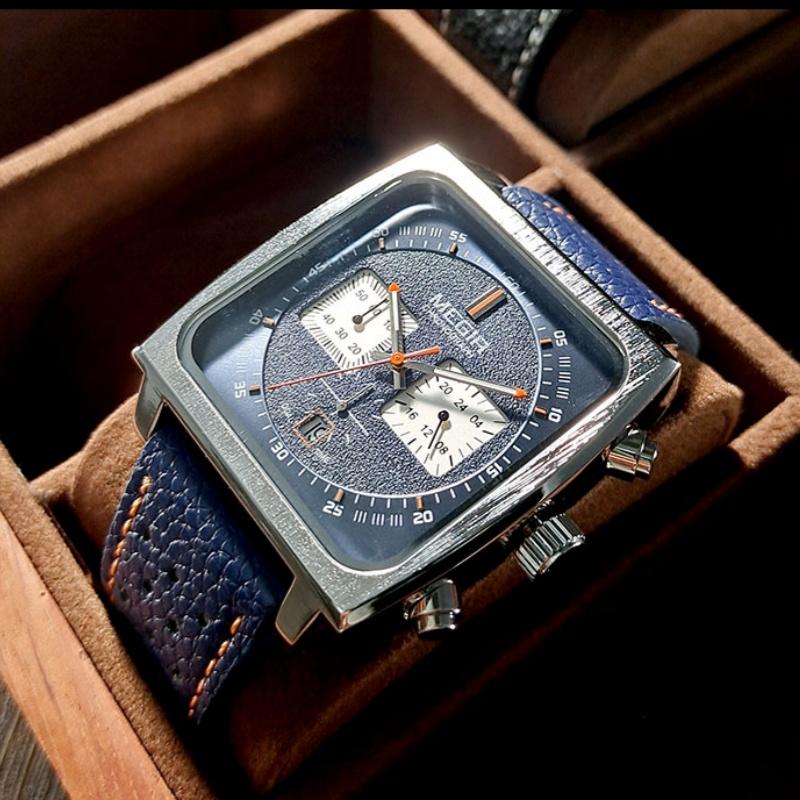 New Square Watches for Men Business Blue Leather Military Men's Wristwatch Chronograph Clock Waterproof Watch