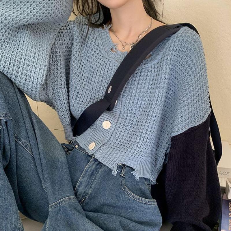 

Цветной короткий осенне-зимний свитер с полыми отверстиями, женский кардиган с нерегулярными сращиваниями