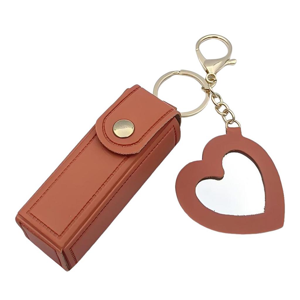 Portable PU Leather Lipstick Holder Keychain With Heart-Shaped Mirror For Women Girls Handbag Charms Accessory Creative Gift
