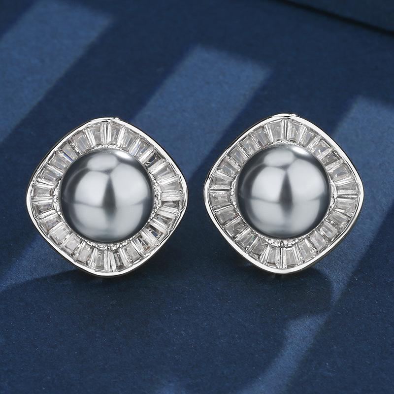 Jewelry Copper Bottom Gold-Plated Inlaid Gray Pearl Square Set Women 16-12Mm