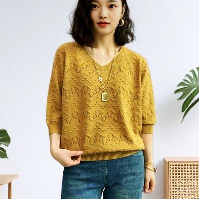 

Spring and Summer Long Mid-sleeved Pullover Mesh Fashion Knitted Pullover Women s Oversized Pullover Top XS жовтий