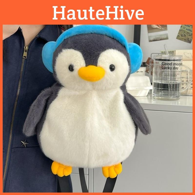 Penguin Plush Backpack With Earphones For Casual Outings With Breathable Design