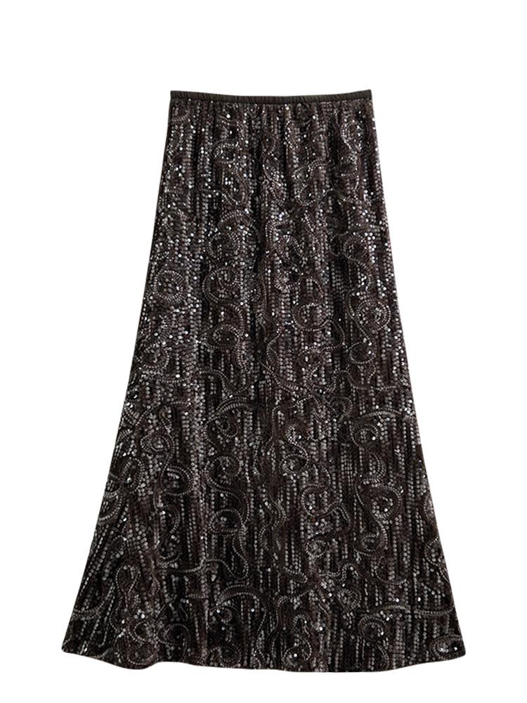 Elegant Coffee Sequin Mermaid Midi Skirt for Women - 2025 Autumn/Winter Collection