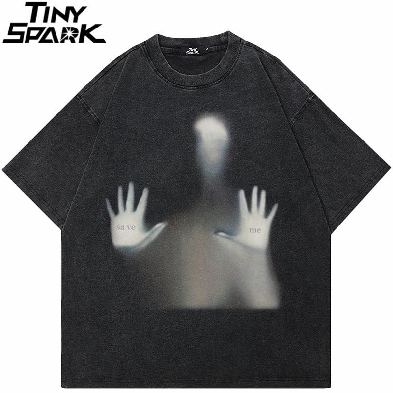 Hip Hop Retro Washed Black TShirt Streetwear SOS Save Me Human Shadow Graphic T Shirt Cotton Unisex Tshirt Men Tops Tees