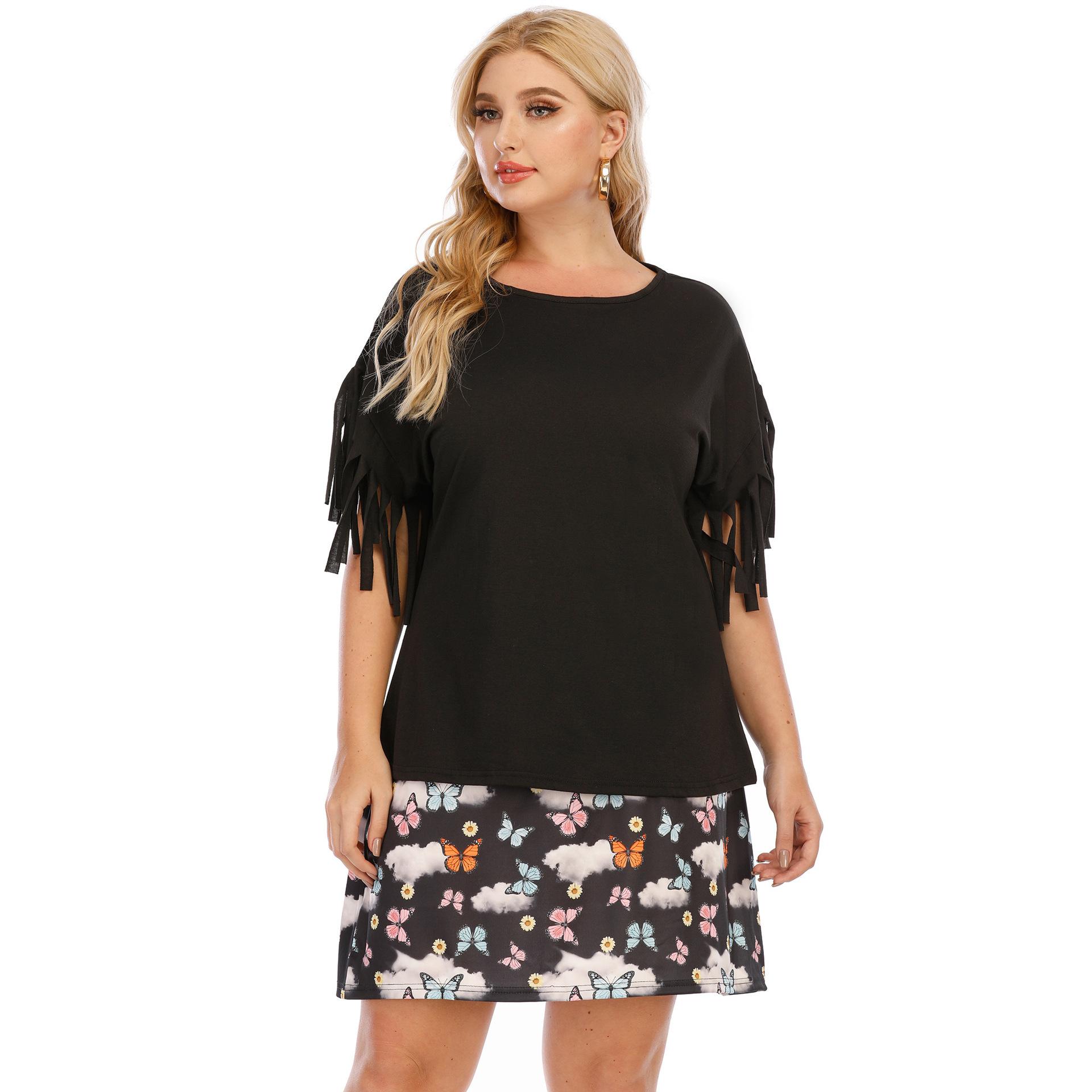 

2024 Новая однотонная женская футболка больших размеров, летняя одежда, большие кисточки, футболки с круглым вырезом, женские фабричные футболки, женские модные топы XL чёрный