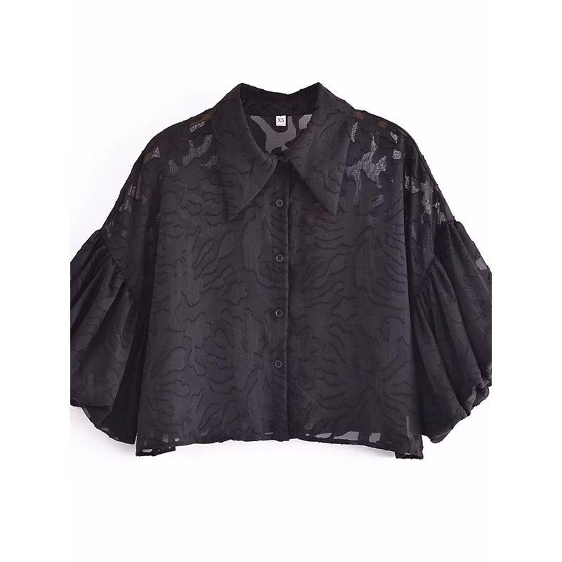 Kaslead New Arrival Women's Clothing Fashion Style Pure Color Jacquard Bishop Sleeves Top