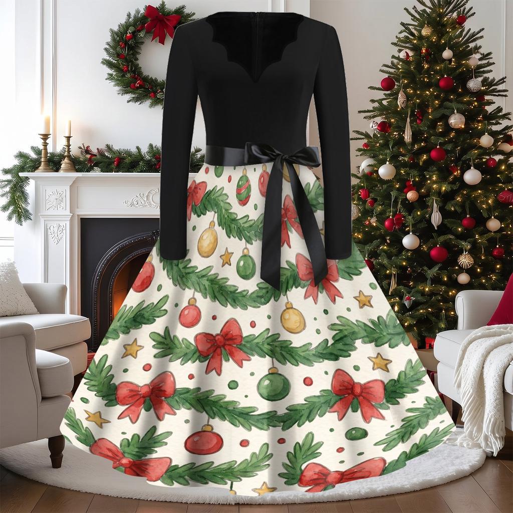 Women's Casual Vintage V-Neck Long Sleeve Dress with Christmas Print for Holiday Party