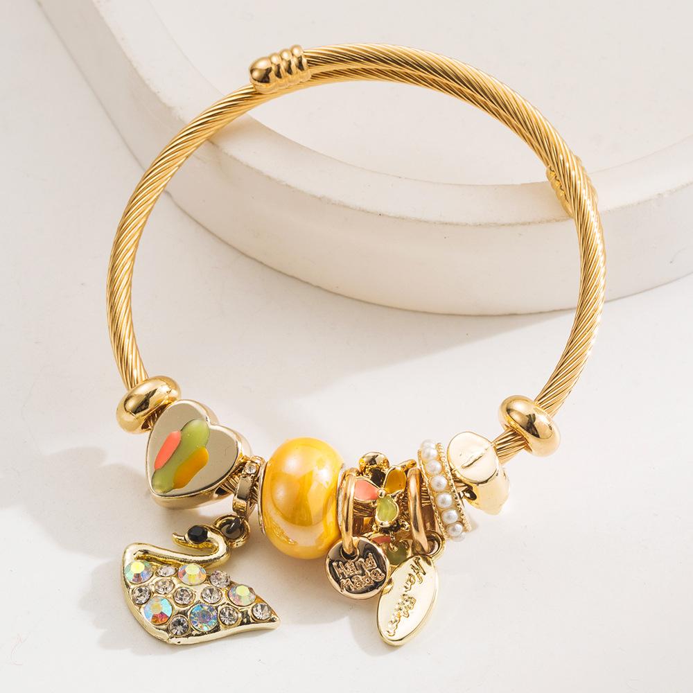 Gold Alloy Inlaid Swan Pendant Bracelet Fashionable Personality Versatile Adjustable Bangle for Women
