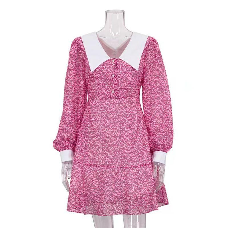 

Fashion New Peter Pan Collar Long Sleeves Graceful and Fashionable Print Dress Doll Neck Printed Dress Pink S