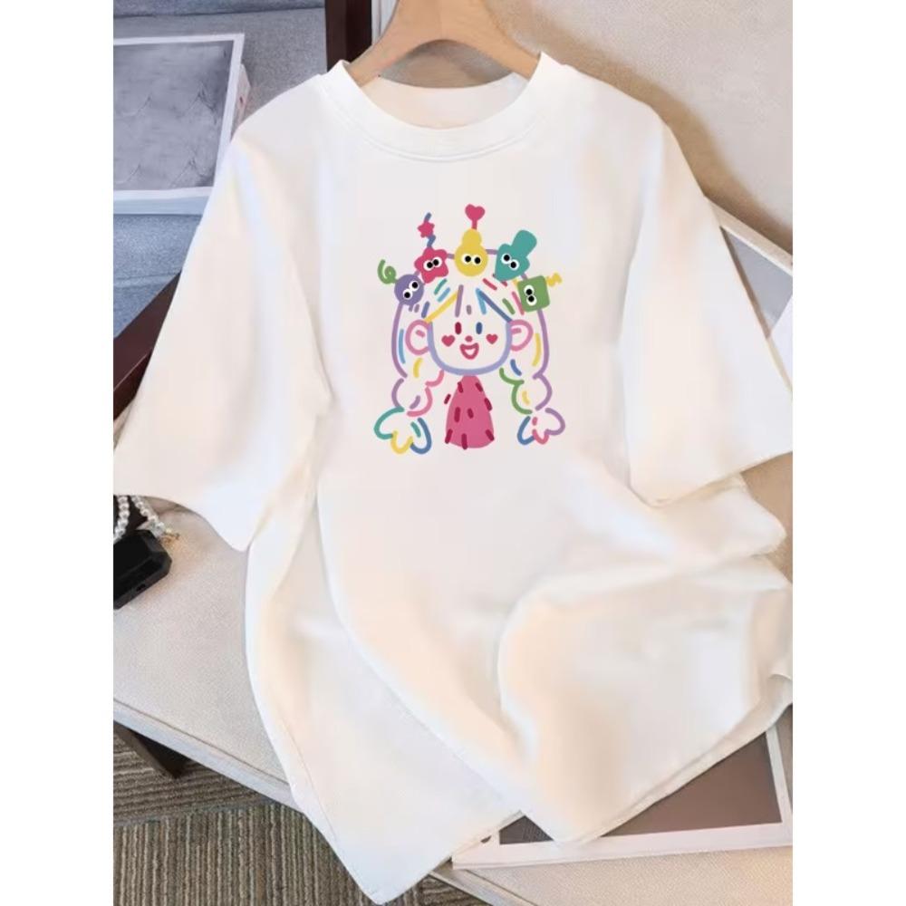 Cute Doodle Style Colorful Curly Hair Girl Print Casual T-Shirt Cartoon Girl Tee Trendy Y2K Short Sleeve Top for Daily Wear