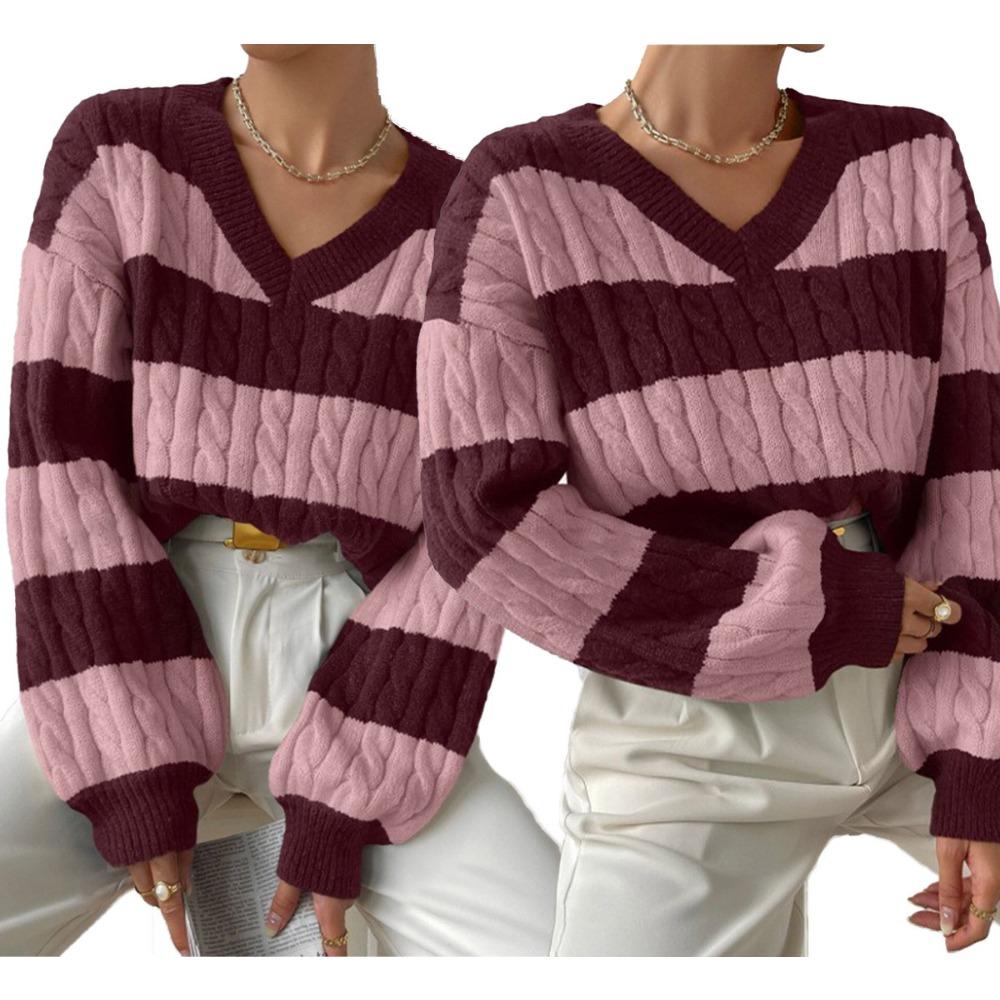 New Autumn/Winter Relaxed-Style Knitwear: Loose-Fitting, Fashionable Women’s V-neck Retro Colour-Blocked Striped Jumper