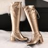 Damen Winter High Boots Gold Silber Lackleder Kniehohe Stiefel Luxus Quadratische Absätze Lange Partyschuhe Dame Große Größe 45
