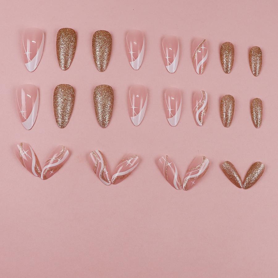 24 Pieces  Almond Nail with French Corrugated Glitter Pattern, Sweet and Fashionable, White Fake Nails Wear Armor