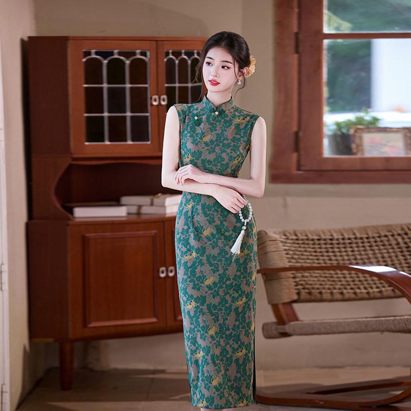 Green sleeveless national style new Chinese daily Suzhou long cheongsam improved young 1011 new women's high sense