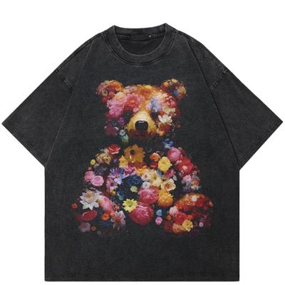 2024 Streetwear Bear Bouquet Graphic Unisex T-krekls Kokvilnas mazgāts melns Tkrekls Unisex Tops Tees Vasaras īsām piedurknēm T krekls