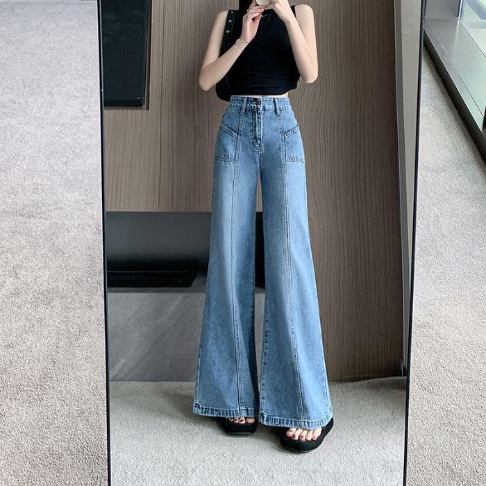 

Women s High Waist White Split Jeans – Loose, Slim, Straight Fit Versatile Trousers for Casual Wear S синій