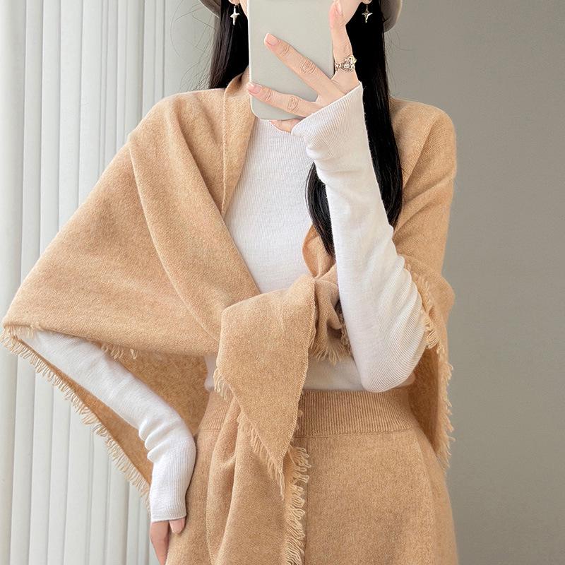 2026 Autumn/Winter Women's Pure Wool Tassel Knit Shawl – Soft, Warm, Solid Triangle Scarf