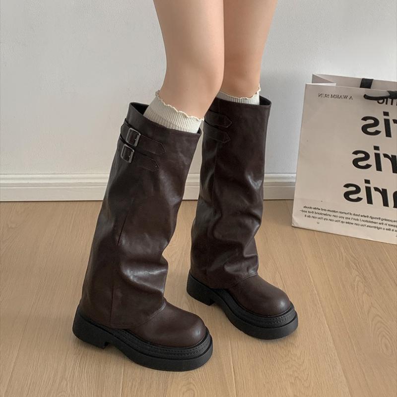 Platform Thick Sole Women Knight High Boots Fashion Belt Buckle Shoes Winter Punk Style Women's Slim Pipe Long Booties