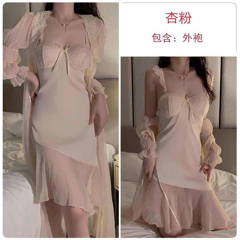 Women's Satin Lace Mesh Low Cut Push Up Padded Backless Sleep Dress with Robe Set