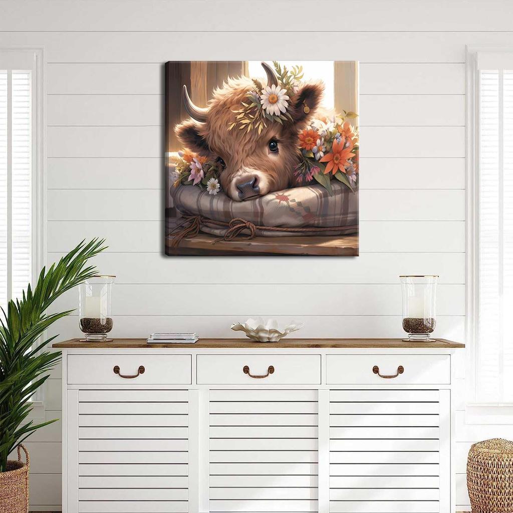 VeeFeng Cute Highland Cow Baby Canvas Wall Art Rustic Farmhouse Daisy Print Wall Decor Picture Amiable Baby Calf Poster Home Decoration Aesthetics