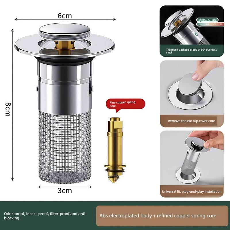 Universal Sink Drain Bounce Core Anti-Odor Press-Type Drain Accessory for Washbasin