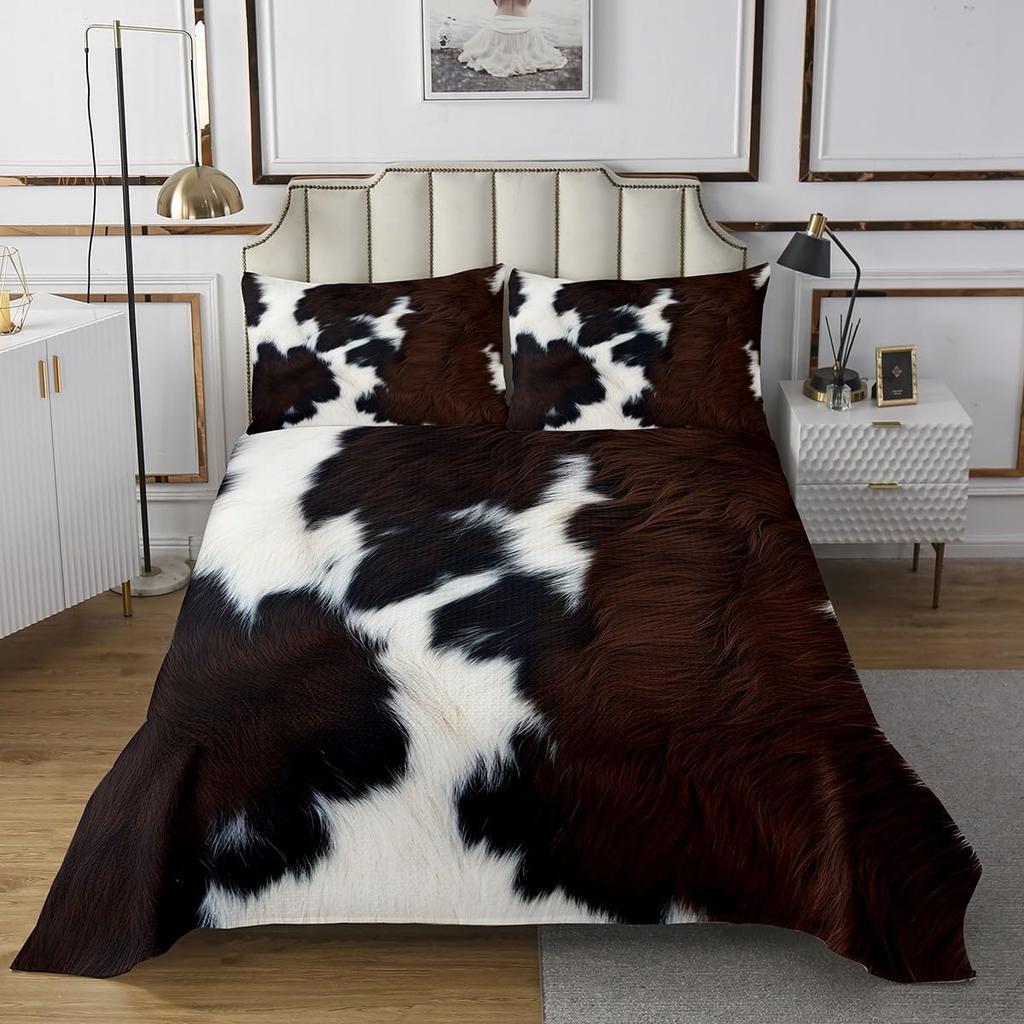 Cowhide Coverlet Set Farm Animal Fur Bedspread Queen/Full for Boy Girl Bedroom 2/3 Pcs Western Rustic Cowboy Farmhouse Quilt Set