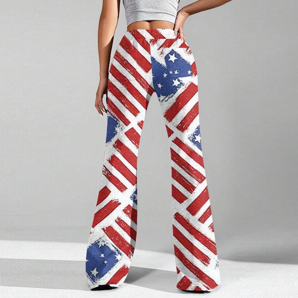 Women's Fashion Loose Drawstring Tight Waist Independence Day Printed Casual Sports Pants Casual Flared Pants