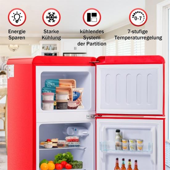 Lodówka 60L Retro 7 Ustawień Temperatury Światło LED Strefa Podwójna Mini Lodówka Domowa Zamrażarka 22L Objętość 102 kWh/Rok -27-13 Stopni Celsjusza
