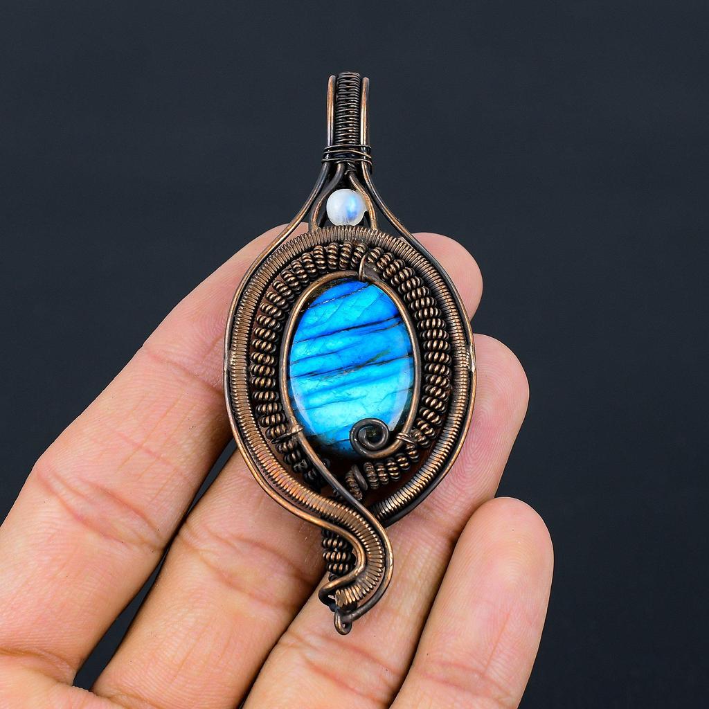 Labradorite, Moonstone Gemstone Pure Copper Wire Wrapped Designer Handmade Pendant Jewelry For Gift