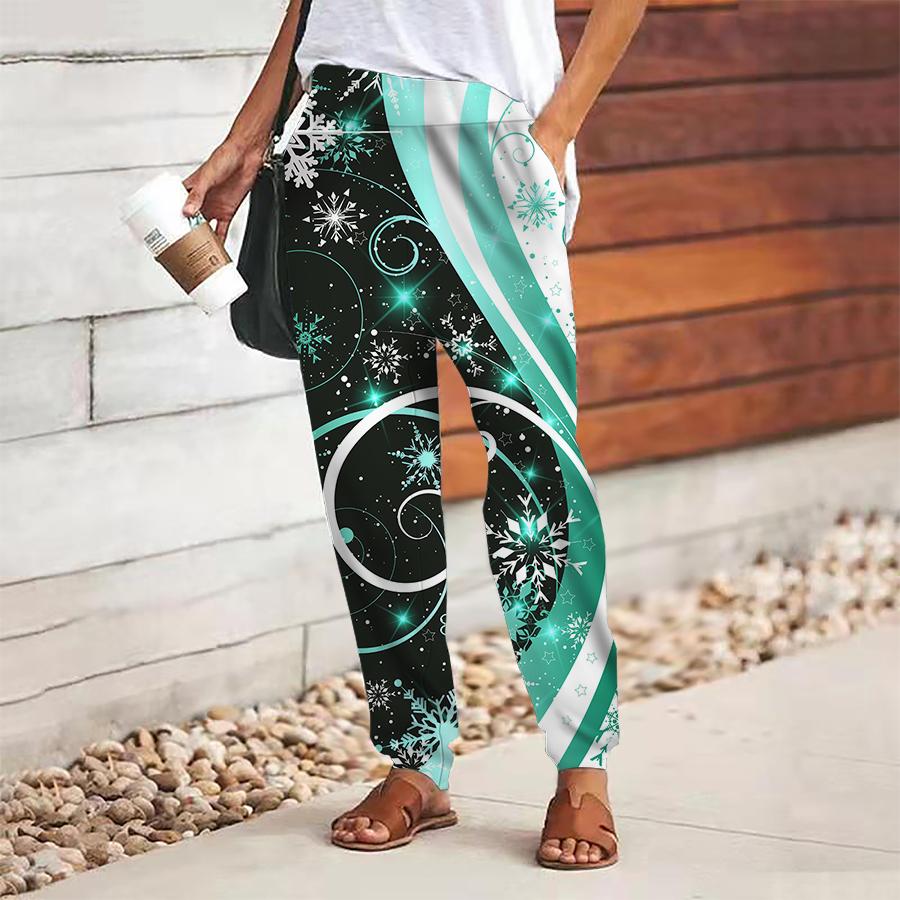 Women Leaf Printing Pants Lace Up Elastic Waist Loose  Trousers Casual Long Pants Trousers with Pockets