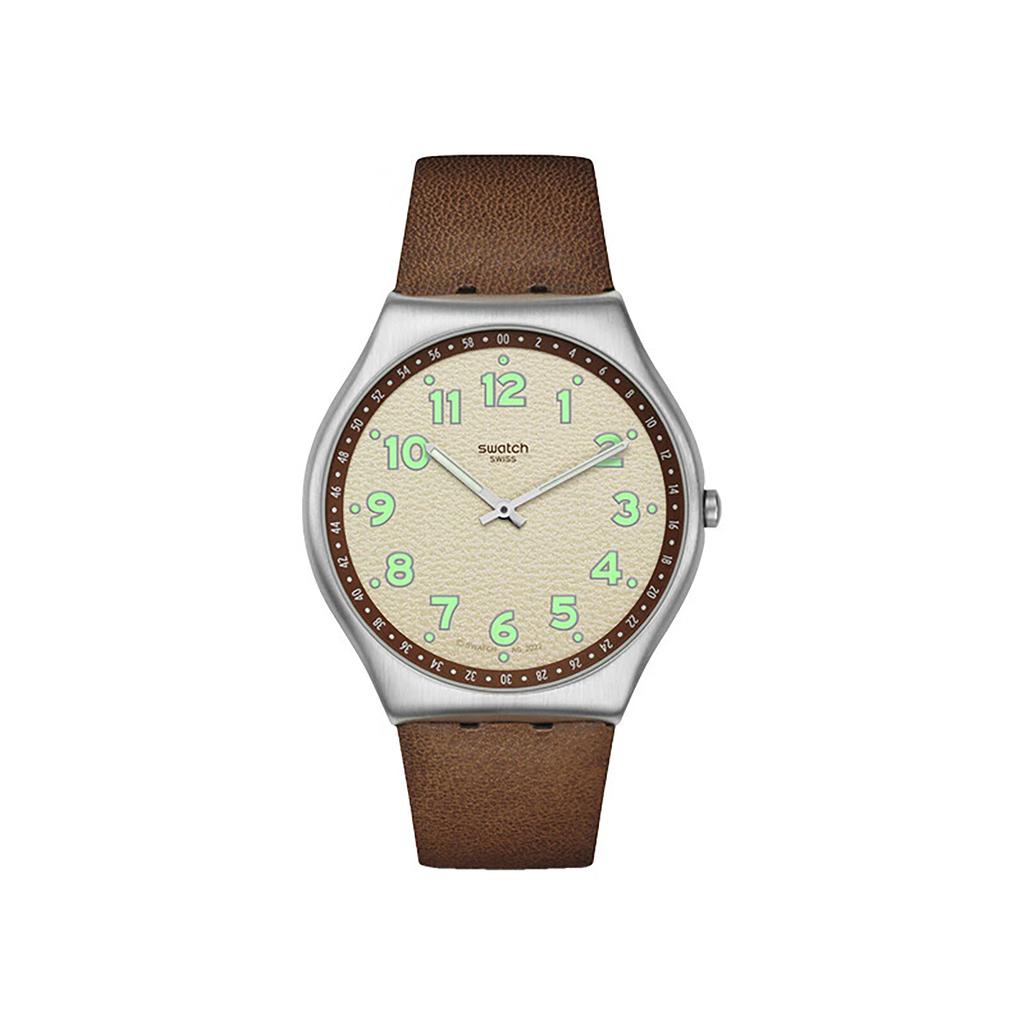 SWATCH SKIN IRONY series quartz movement simple brown tone fashionable luminous watch 43mm beige dial stainless steel case leather strap SS07S135