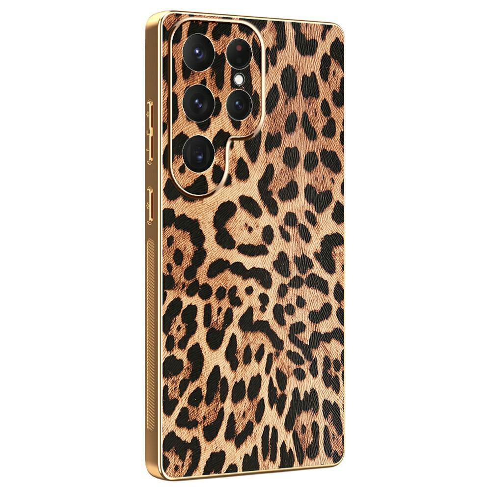 

For Samsung Galaxy S23 Ultra Case Leopard Print PU Leather Coated PC+TPU Electroplating Phone Cover A