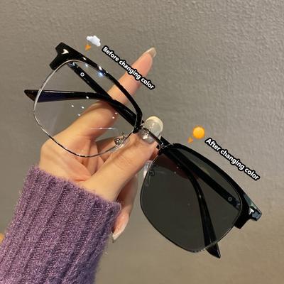 Fashionable Retro Half Frame Photochromic Anti Blue Light Square Glasses Are Perfect for Outdoor Activities and Travel